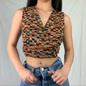 cleo small brown and orange geometric print faux wrap tank